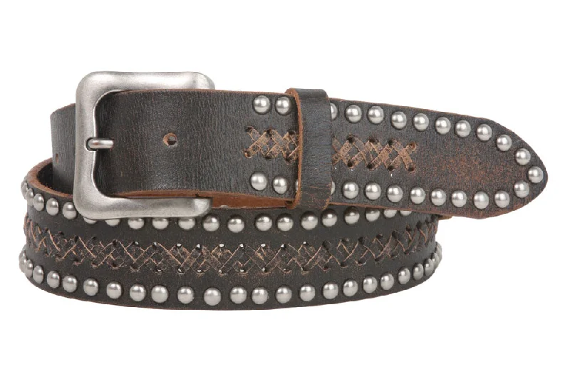 Snap On 1 1/2" Soft Hand Vintage Cowhide Full Grain Leather Rivet Studded Casual Belt