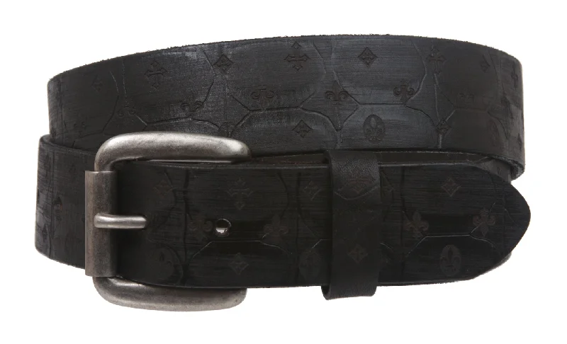 Snap On Oil Tanned Full Grain Fleur De Lis Embossed Vintage Retro Leather Belt