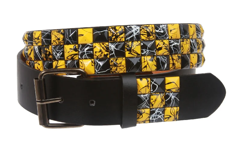 Snap On 1 1/2" Yellow & Black Checkerboard Punk Rock Studded Belt