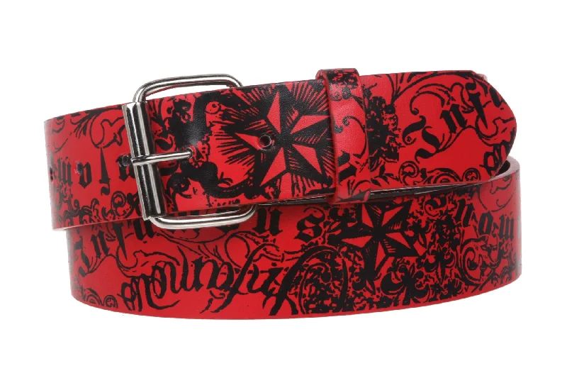 Snap On 1 1/2" Star with Fleur De Lis Ink Artwork Leather Belt