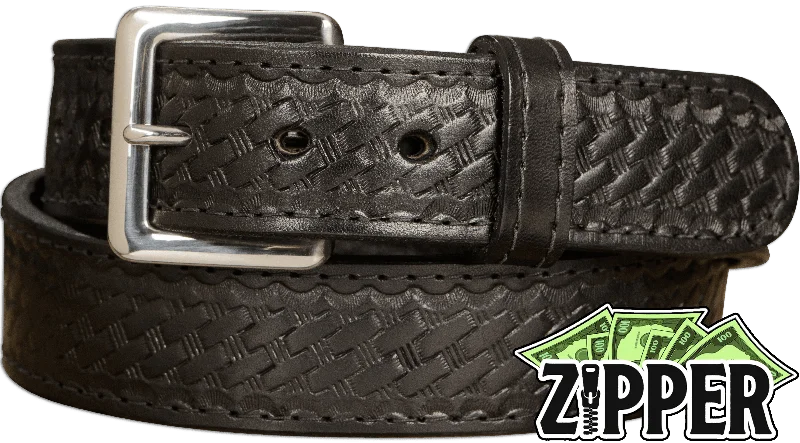 Black Basket Weave English Bridle Leather Money Belt With 25" Zipper