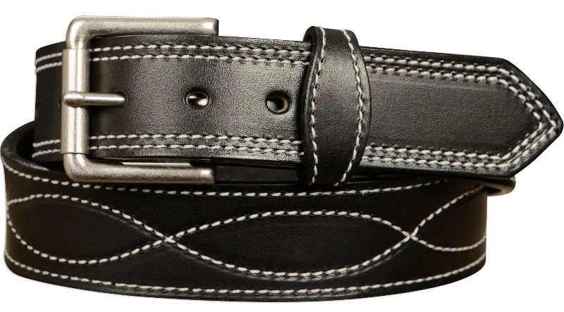 The Maverick: Men's Black Figure 8 Stitched Leather Belt With White Thread 1.50"