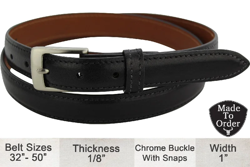 Designer Black Italian Calf Leather Dress Belt: 1” Wide (Allow Approx. 3 To 4 Weeks To Ship)