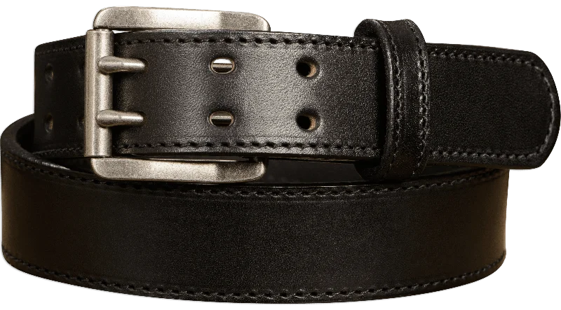 The Viper: Men's Black Stitched Leather Belt With Double Prong Nickel Buckle - 1.50" Max