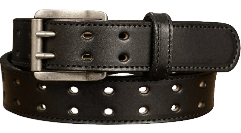 The Holey Bull: Men's Black Stitched Double Prong Leather Belt Max Thick 1.50"