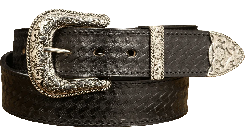 The Wayne: Men's Black Stitched Basket Weave Western Leather Belt 1.50"