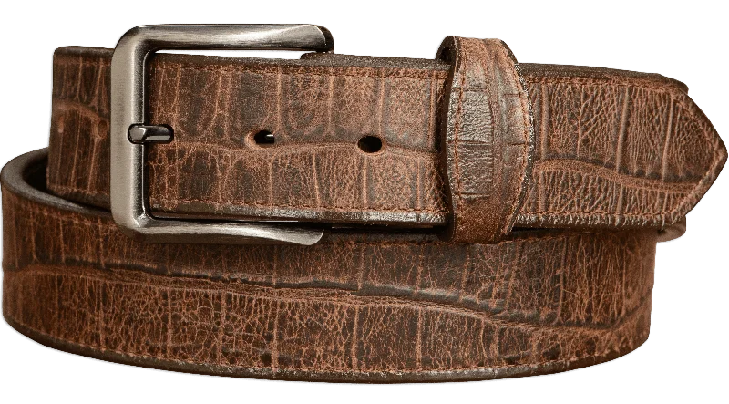 The Chomper: Men's Brown Stitched Alligator Design Leather Belt 1.50"