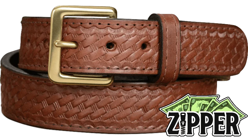 Brown Basket Weave English Bridle Leather Money Belt With 25" Zipper