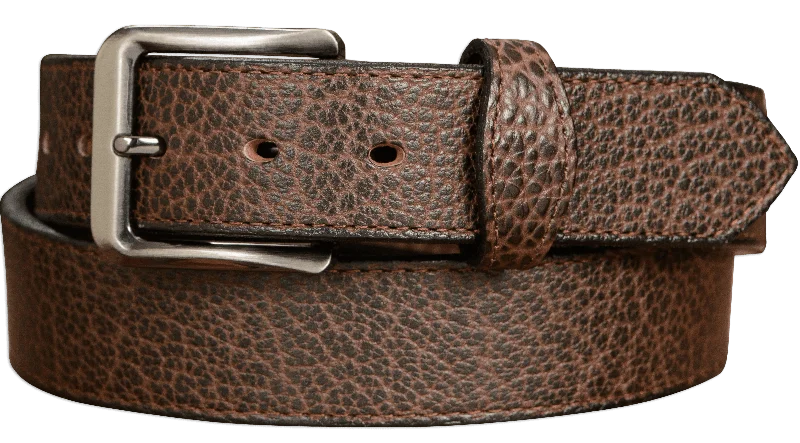 The Forester: Men's Brown Stitched American Bison With Scalloped Ends Leather Belt 1.50"