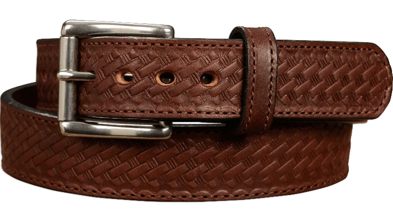 The Norris: Brown Stitched Basket Weave Max Thick With Steel Core 1.50"