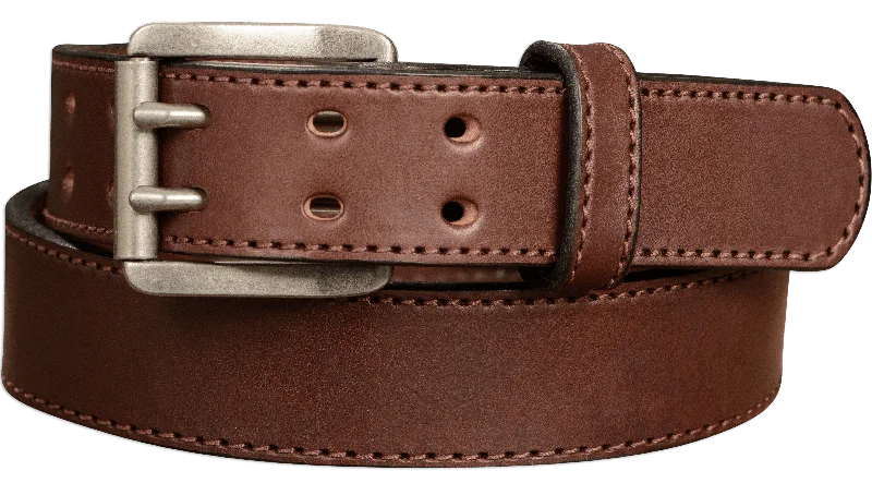 The Viper: Men's Brown Stitched Leather Belt With Double Prong Nickel Buckle - 1.50" Max