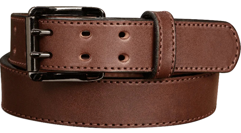 The Viper: Men's Brown Stitched Leather Belt With Double Prong Gunmetal Buckle - 1.50" Max