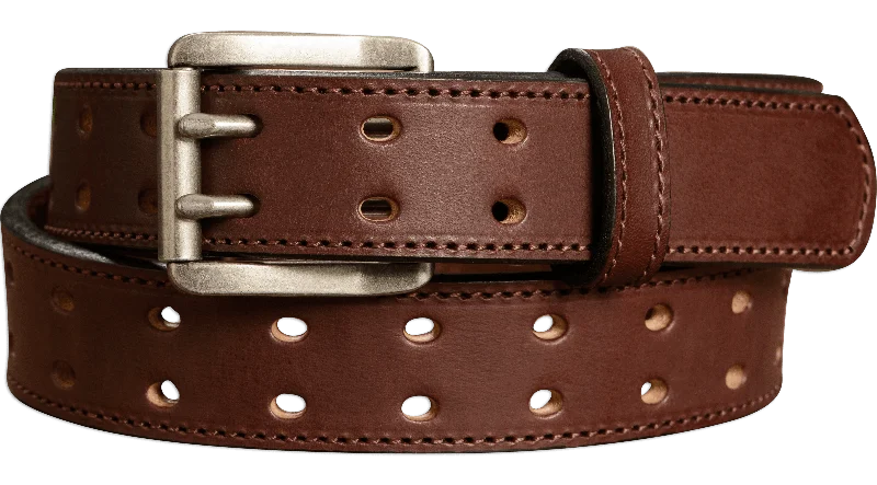 The Holey Bull: Men's Brown Stitched Double Prong Leather Belt Max Thick 1.50"