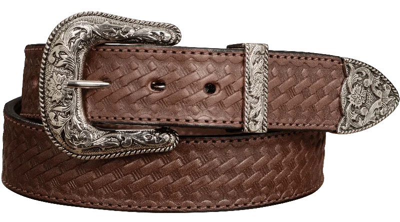 The Wayne: Men's Brown Stitched Basket Weave Western Leather Belt 1.50"