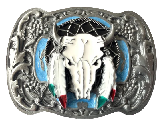 Buffalo Skull Feathers Blue Belt Buckle