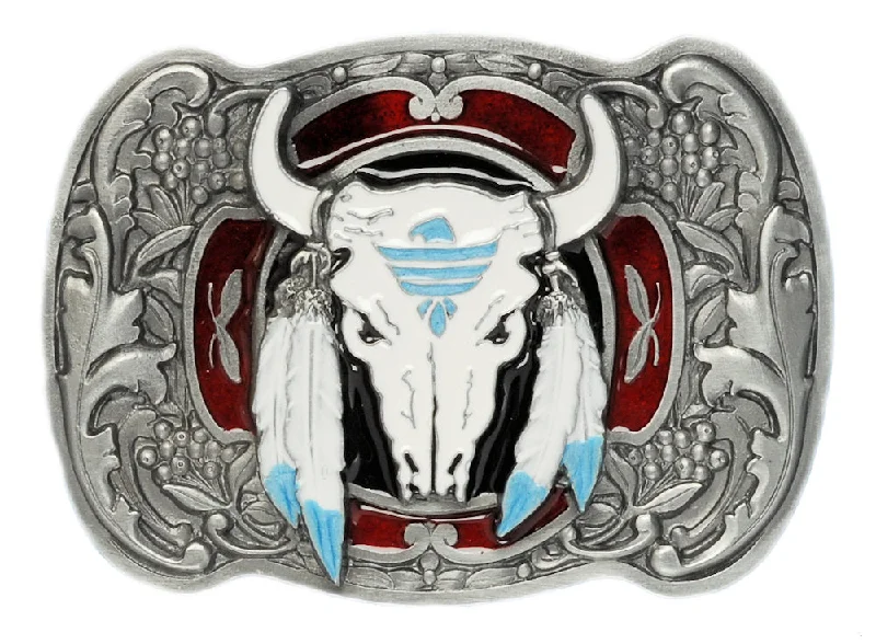 Buffalo Skull Feathers Red Belt Buckle