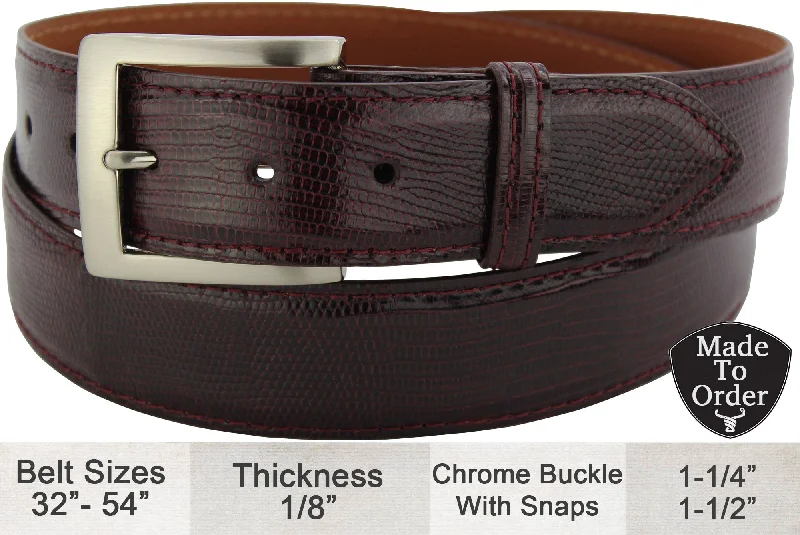 Men's Burgundy Lizard Skin Designer Full Grain Leather Belt (Allow Approx. 3 To 4 Weeks To Ship)