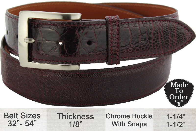 Men's Burgundy Ostrich Leg Designer Full Grain Leather Belt (Allow Approx. 3 To 4 Weeks To Ship)