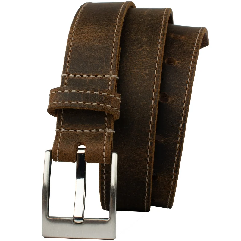 Caraway Mountain Distressed Brown Leather Belt (Stitched) by Nickel Smart®