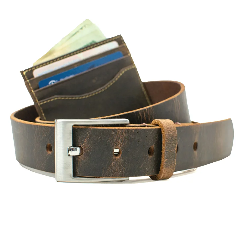 Caraway Mountain Distressed Brown Leather Belt & Wallet Set by Nickel Smart®