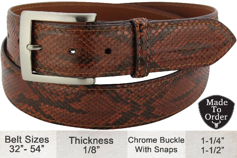 Men's Cognac Python Snake Skin Designer Full Grain Leather Belt (Allow Approx. 3 To 4 Weeks To Ship)