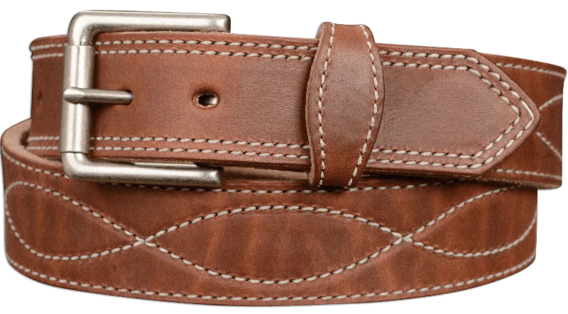 The Maverick: Men's Hot Dipped Tan Figure 8 Stitched Leather Belt With White Thread 1.50"