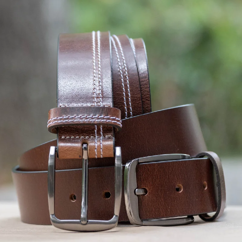 Millennial Brown and Brown Stitched Leather Belt Set by Nickel Zero®