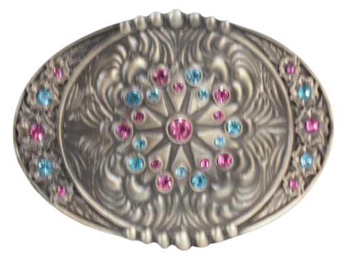 Montana Silversmiths Flower Swirl Blue & Pink Rhinestone Accented Belt Buckle