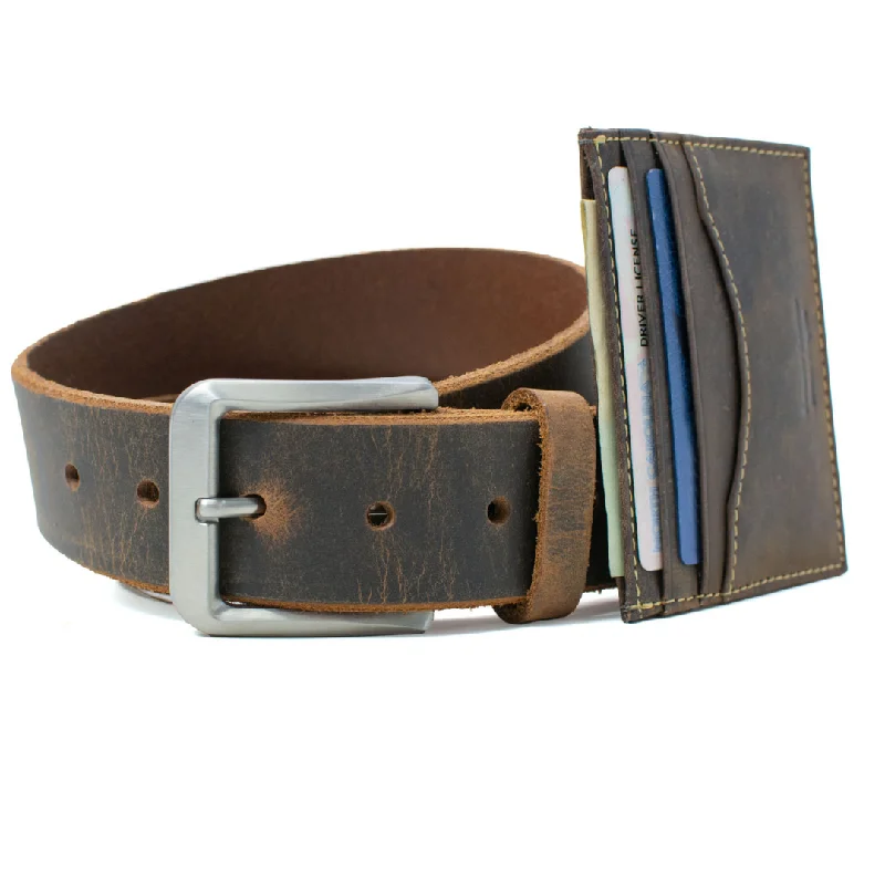 Mt. Pisgah Titanium Distressed Leather Brown Belt & Wallet Set by Nickel Smart®