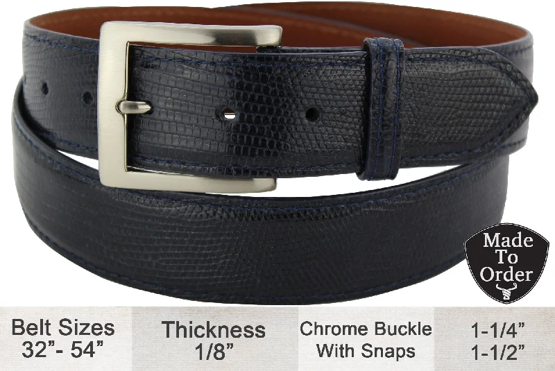 Men's Navy Blue Lizard Skin Designer Full Grain Leather Belt (Allow Approx. 3 To 4 Weeks To Ship)