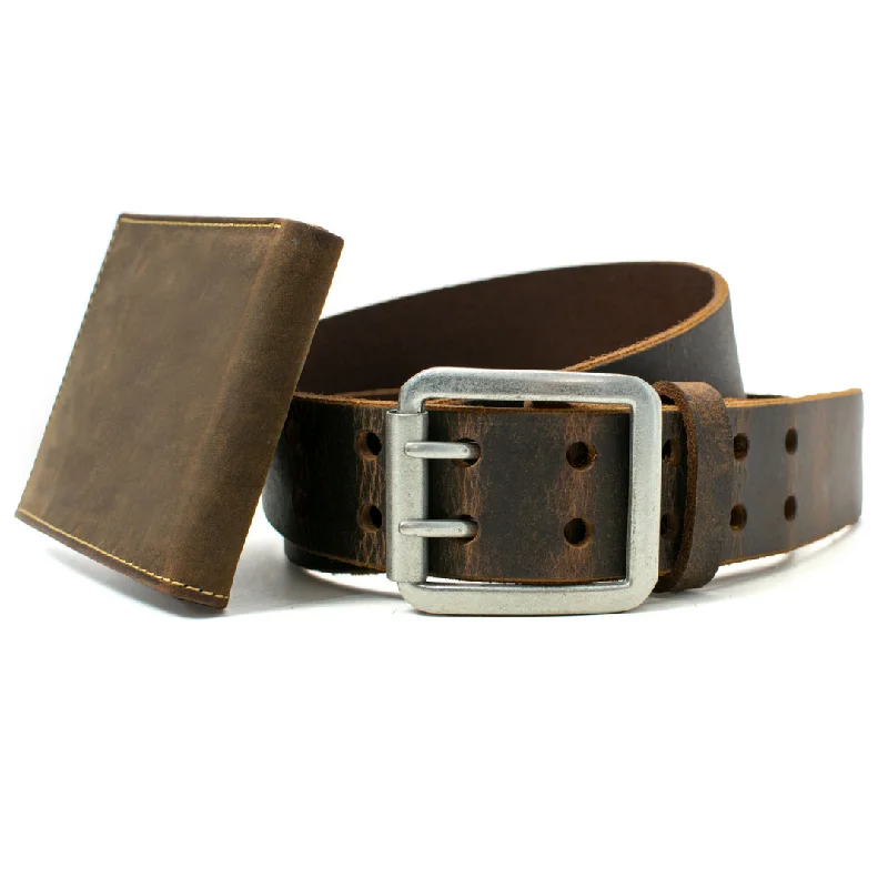 Ridgeline Trail Distressed Leather Belt (Brown) & Wallet Set by Nickel Smart®