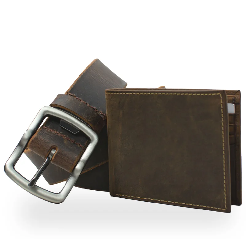 Rocky River Distressed Brown Leather Belt & Wallet Gift Set by Nickel Smart®