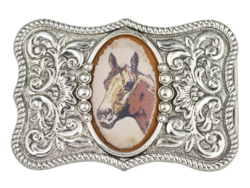 Rope Edge Leather Insert Horse Head Belt Buckle