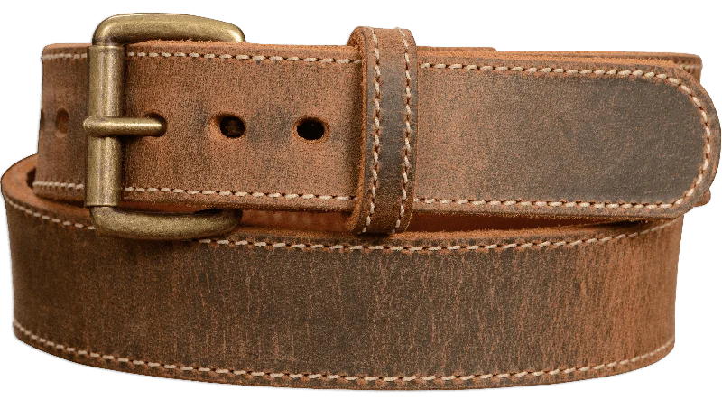 The Crazy Horse: Men's Rustic Brown Stitched Leather Belt Max Thick 1.50"