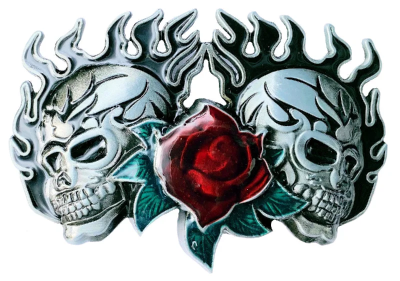 Skulls with Rose and Flames Belt Buckle