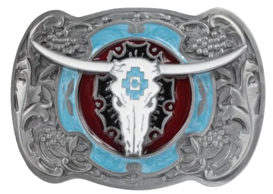 Steer Skull Blue Red Belt Buckle