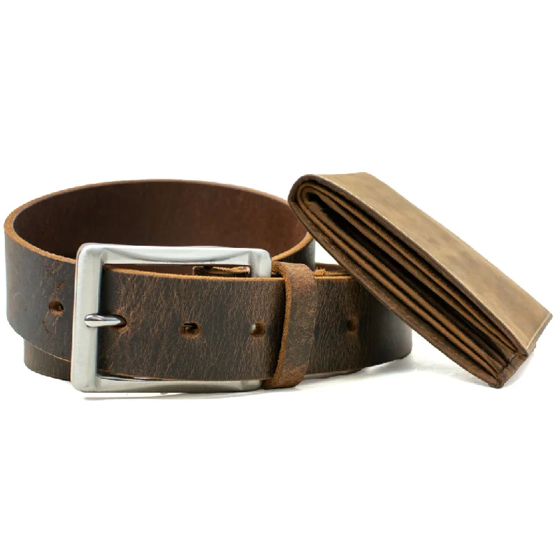 The Site Manager Distressed Leather Brown Belt & Wallet Set by Nickel Smart®