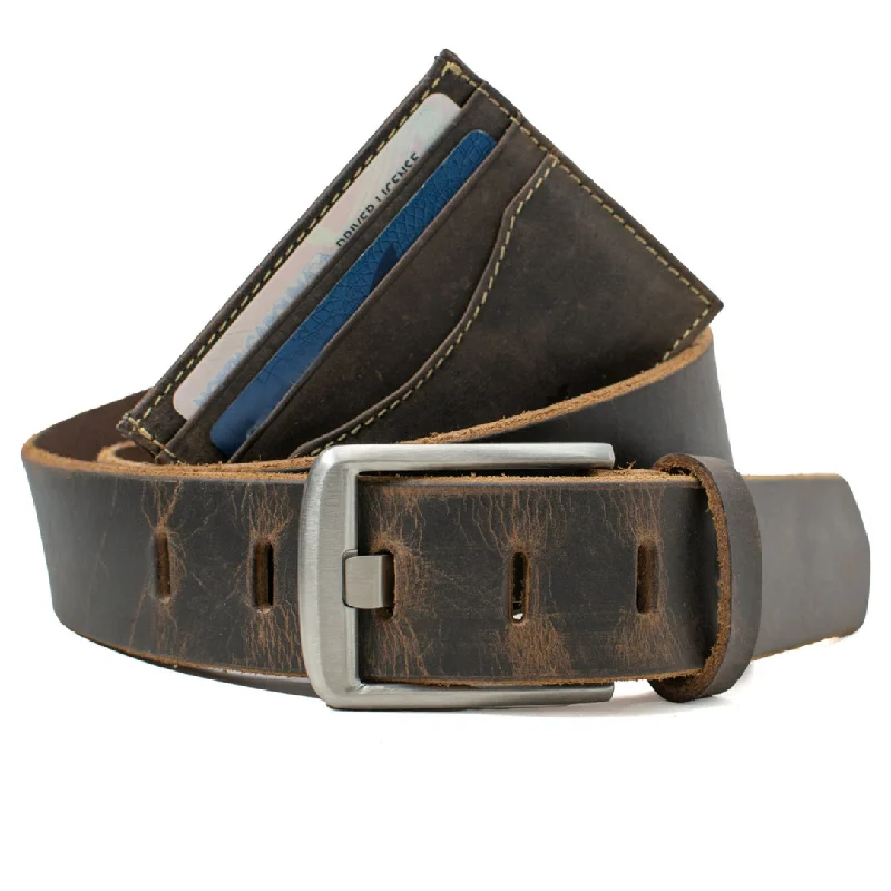 Titanium Wide Pin Distressed Brown Leather Belt & Wallet Set by Nickel Smart®