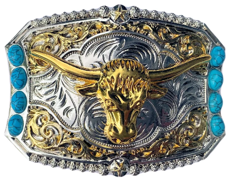 Western Bull Head Gold & Silver Plated with Turquoise Stones Belt Buckle