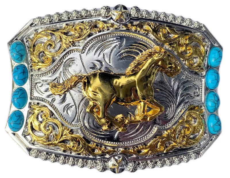 Western Horse with Turquoise Stones Gold & Silver Plated Belt Buckle