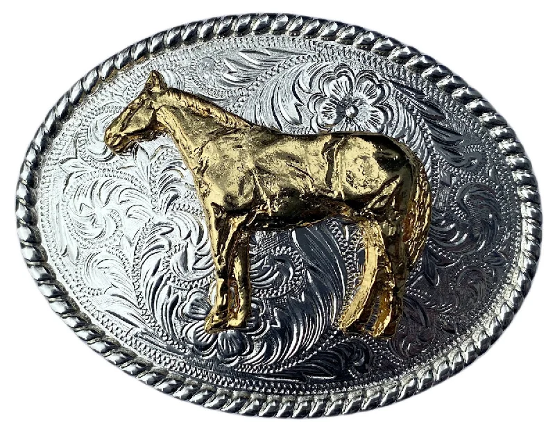 Western Silver Plated Belt Buckle Gold Plated Horse