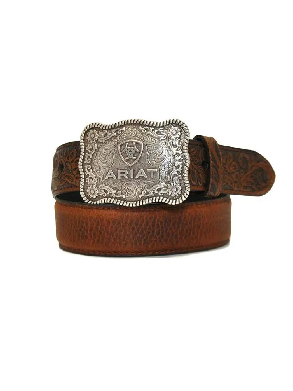 MF Western Ariat Boys Shield Logo Distressed Hand Tooled Leather Belt Style A1301002