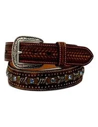 MF Western Ariat Mens Brown Barbed Wire and Calf Hair with Light Blue Studs Western Belt Style A1027202