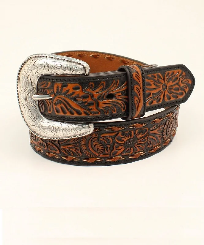 MF Western Ariat Mens Tan Black Floral Embossed Western Belt Style A1031667