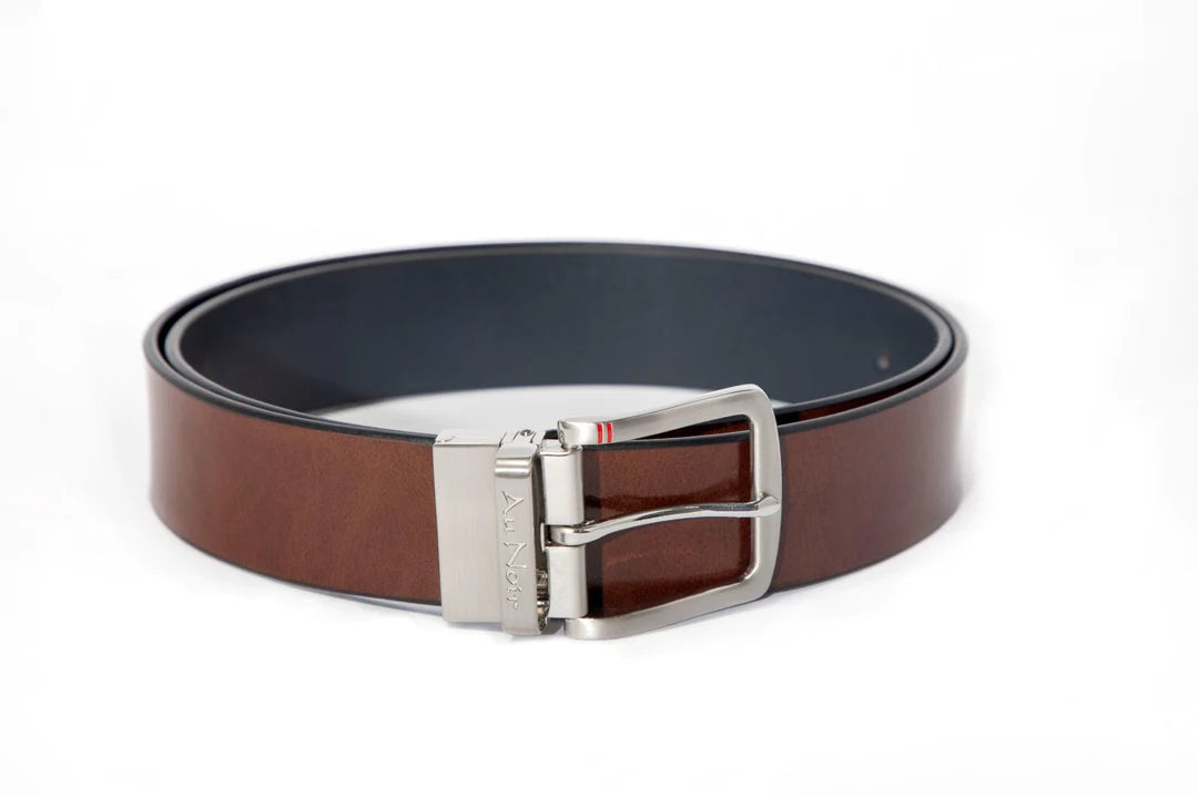 AU NOIR Reversible Belt | Strauss Brushed Nickle, Tan-Navy