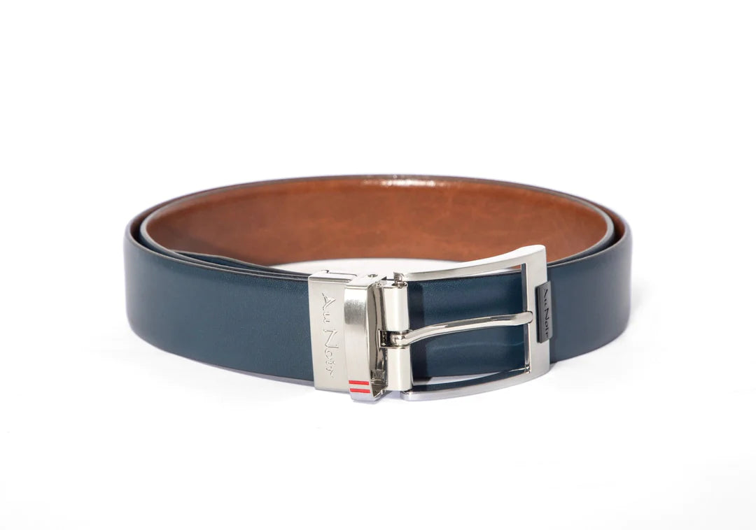 AU NOIR Reversible Belt | Desoto Brushed Nickle, Tan-Navy