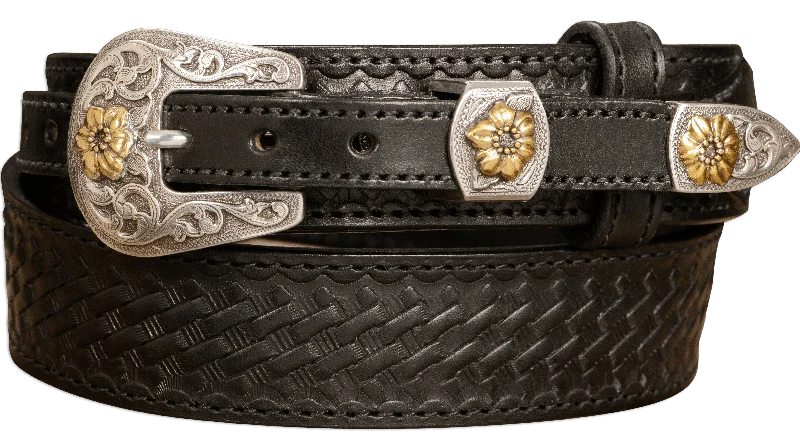 The Texan: Black Stitched Basket Weave Western Ranger 1.50"