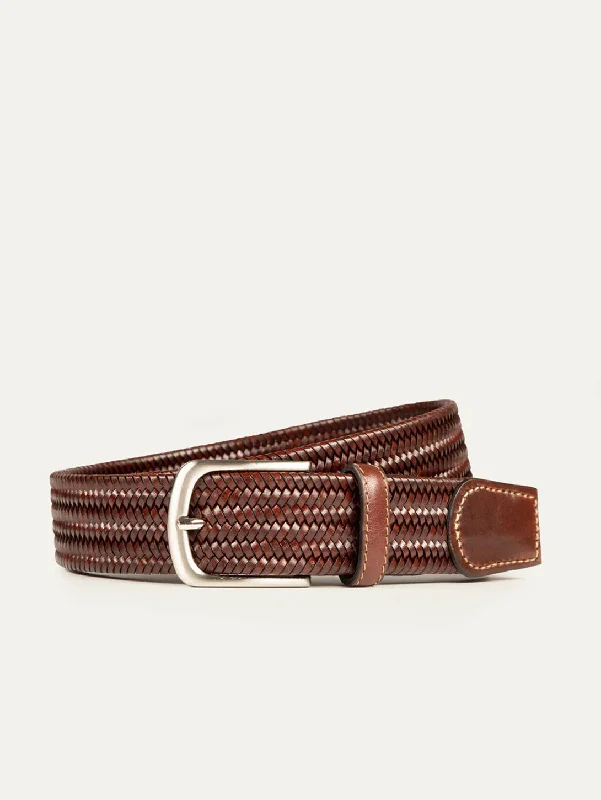 Braided Stretch Leather Belt - Brown