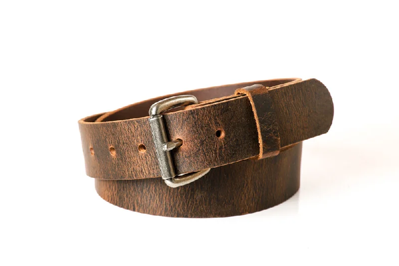 Full Grain Genuine Buffalo Men's or Women's *Distressed Leather Belt  Brown  1 1/2" Nickel Roller Buckle Made in USA