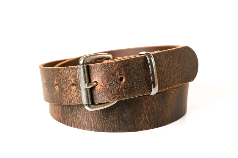 Full Grain Genuine Buffalo Casual Belt *Distressed Brown Men's or Women's 1 1/2" Nickel Buckle and Keeper Made in USA